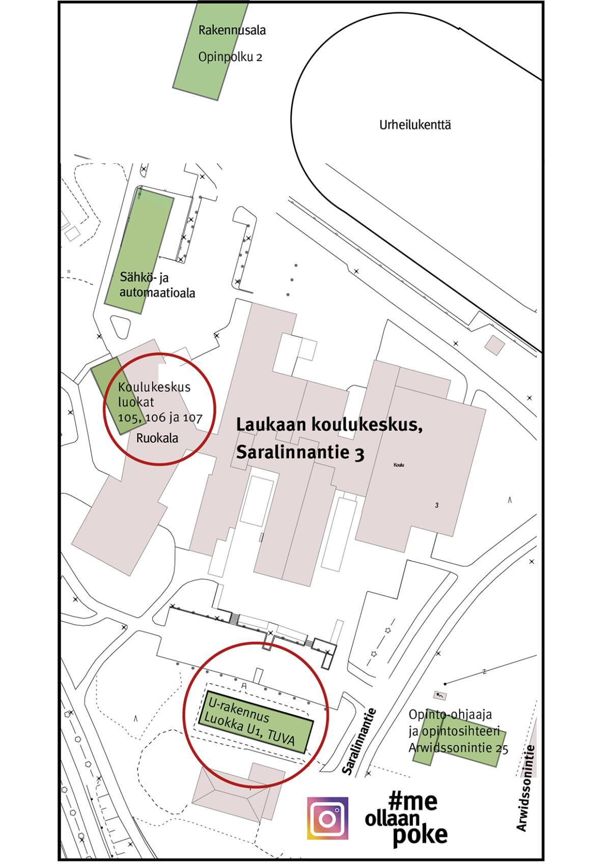 Laukaan koulukeskuksen aluekartta 2025 elokuussa aloittaville